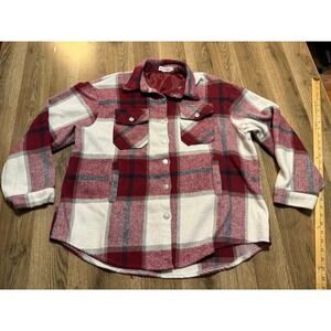 BouTiKome Shacket Women Size L Red White Plaid Jacket Wool Blend Button Up